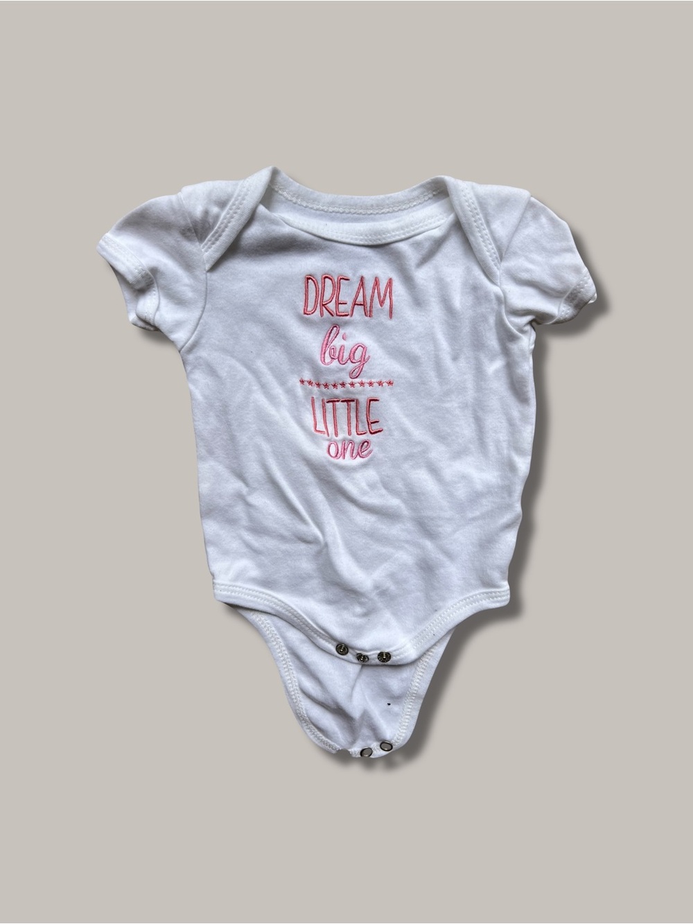 White Baby One-Piece Bodysuit with Pink 'Dream Big Little One' Embroidery